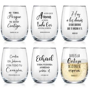 Acellegic 6 Sets Fathers Day Christian Funny Wine Glasses Gifts for Women 15 oz with Jesus Touched Wine Glass Christian Gift for Mom Dad Friend Sister Galentines Friendship Birthday Present(Spanish)