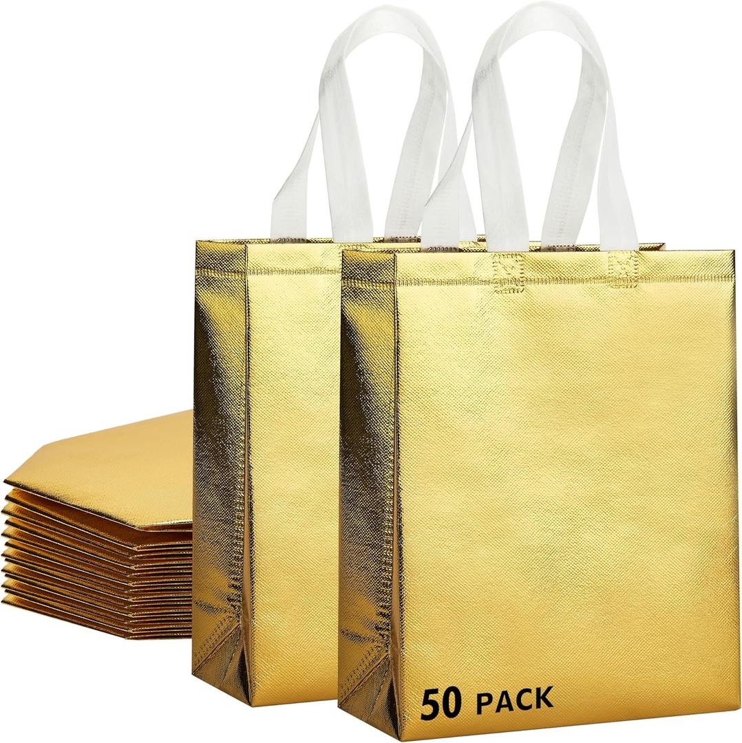 RACETOP 50 Pcs Gold Gift Bags Medium Size, 8x4x10 Inch Reusable Gift Bags with Handles & Sturdy Base, Ideal for Birthday, Wedding, Bachelorette, Party Favors, Holiday Goodie