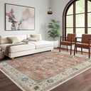 8x10 Rugs for Bedroom, Vintage Washable Rugs Non Slip Large Area Rug for Living Room Dining Room Office, Floor Decoration Big Carpet Low-Pile Kid & Pet Friendly(Border Brick Red)