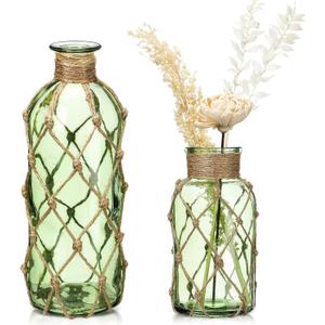 Chuangdi Set of 2 Coastal Glass Vases for Flowers TSITP Flower Vase with Boho Rope Small Sea Glass Jar Nautical Beach Bottle for Wedding Table Centerpieces Floral Arrangement Decor(Green)