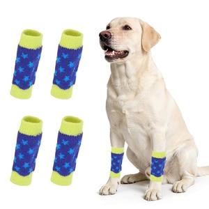 PETAXCELL Dog Leg Warmers, Soft Dog Elbow Protector Sleeve Joint Protection Star Pattern Winter Warm Knitted Pet Leg Sock,  For Large Puppies Cats (Dark Blue, L, 4Pcs)