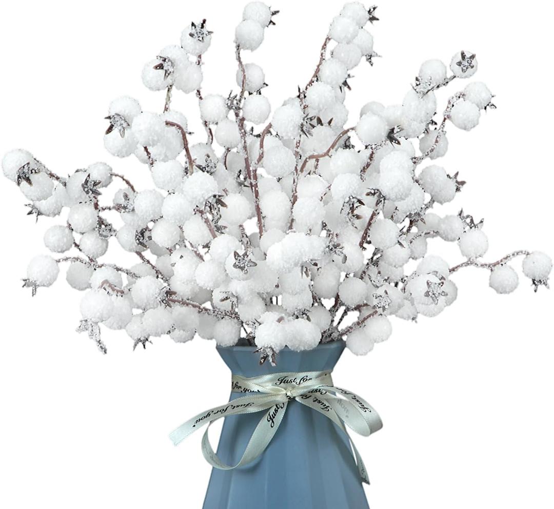 12 Pack Artificial White Berry Stems Frosted Holly Berry Christmas Picks Sprays Snowy Berry Twig Branches for Xmas Tree Garland Wreath Craft Supplies Table Centerpiece Home Decorations (12, White)