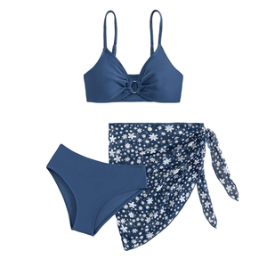 COZYEASE Girls' 3 Piece Bikini Set Ditsy Floral Print Wireless Swimsuit with Beach Skirt, Size 11 Years