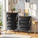 Rolling Cart with 5 Drawers, Plastic Drawer Storage Carts with Wheels & Wooden Tabletop, Metal Utility Cart with Pegboards, Office Living Room Classroom Craft Organization and Storage, Dark Black