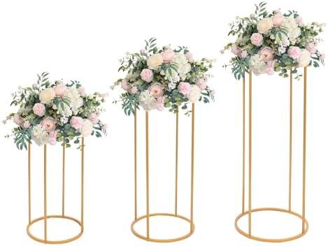 MSAIERPLR Wedding Flower Stand Metal Plant Stand 3PCS Round Flower Holders Cylindrical Wedding Flower Rack Round Tall Cylinder Pedestal Stand for Parties & Wedding Living Room Decoration Gold