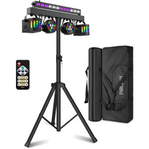 DJ Lights with Stand for Party | All-in-One LED Stage Lighting System for Weddings Club Gig Bar Band Disco Booth Live Show Events | Sound Activated & DMX512 | Portable 7FT Tripod