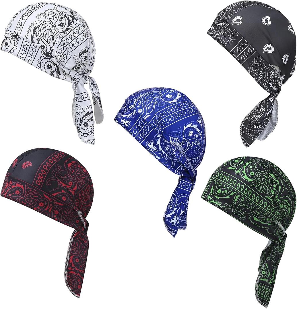 5 Pack Paisley Cooling Headscarf Caf Bandana Beanie Set, Elastic Fit Helmet Liner Head Wrap, Pirate Sweat Style Headscarf Cap for Men Running Cycling Motorcycle Outdoor Activities