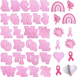 KINGSOW Self-Adhesive Letter Patches for Clothing: 64PCS Pink Buffalo Plaid Fabric Letters Stick on Patches - Ribbon Bows Embroidered Sew Applique for Breast Cancer Awareness Shirt Hat Backpack Socks