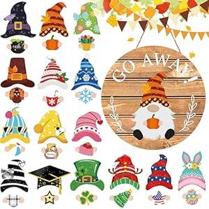 Seasonal Gnome Wall Decor Set, 11.8 inch Wooden Round Sign with Interchangeable Holiday Hats, Welcome Door Hanging (Delicate)