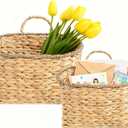 Set of 2 Woven Hanging Basket, Water Hyacinth Handmade Wicke Hanging Wall Baskets for Organizing, Front Door, Mail, Flowers-for Garden Farmhouse Home