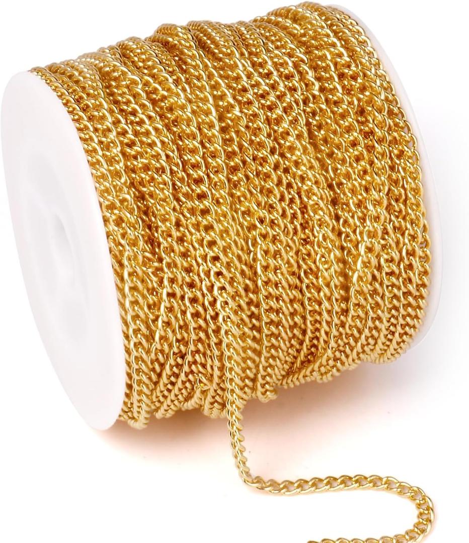 33FT 18K Gold Plated Stainless Steel Curb Chain Roll, 4mm 304 Stainless Steel Flat Twisted Links Curb Chains Bulk Spool for Jewelry Making Necklace DIY Craft (4.0mm width)