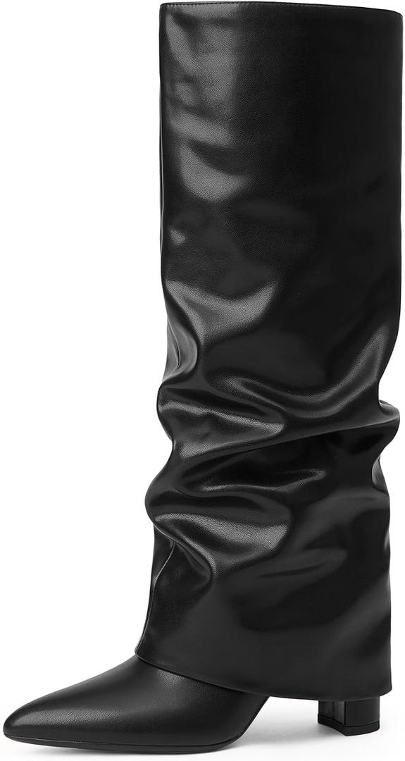 Modatope Knee High Boots Women Fold Over Knee High Boots Chunky High Heels Long Boots Zipper Pointed Toe Dress Tall Boots for Women, Size 8