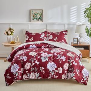 Joyreap 3pcs Floral Comforter Set Full/Queen, Blue n Pink Flowers on Burgundy Red Design, Microfiber Lightweight Christmas Bedding Comforter Set for All Season (Queen- 88"x88")