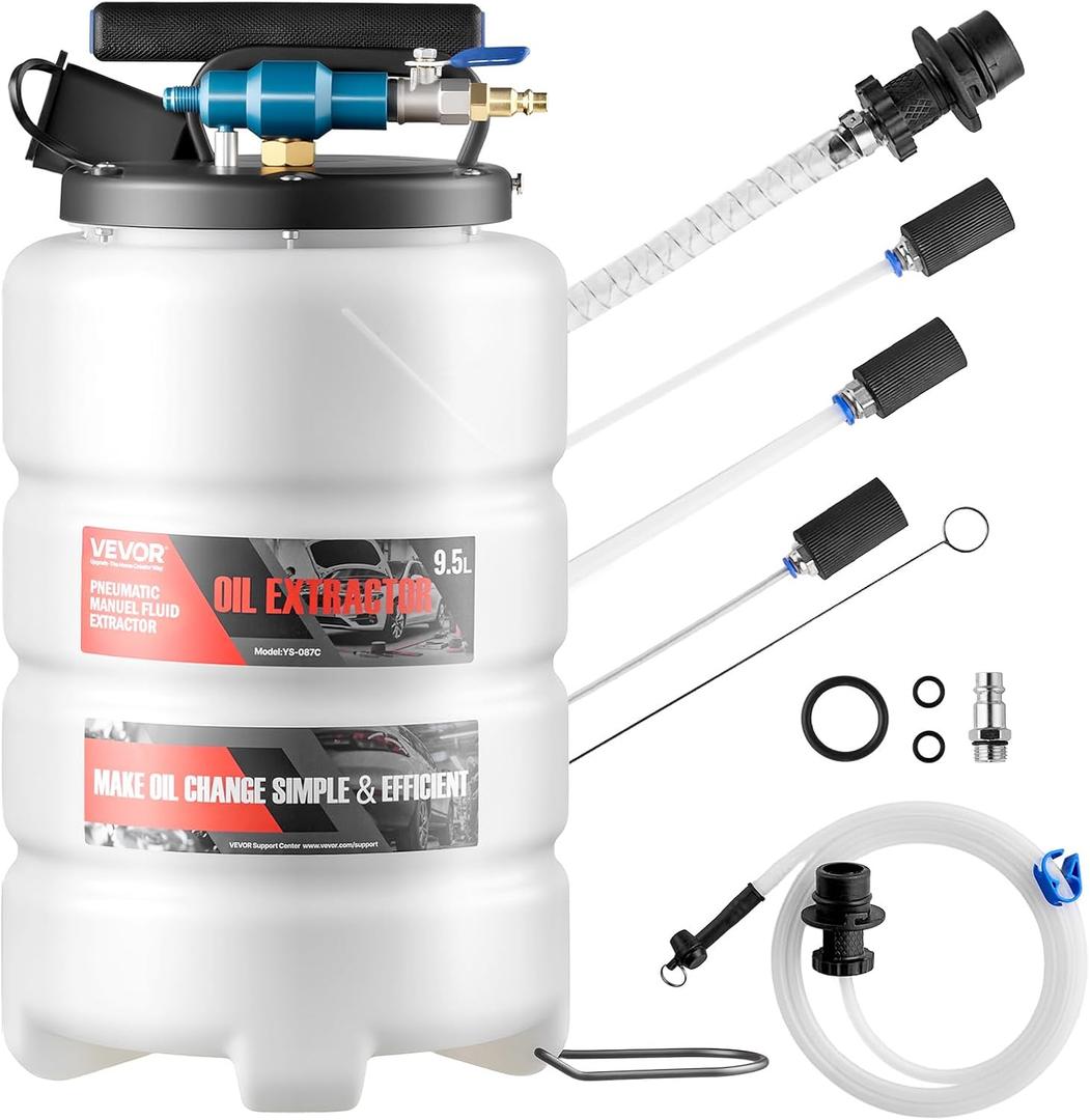 VEVOR Fluid Extractor, 9.5 L Capacity, Pneumatic/Manual Vacuum Oil Extractor Pump with 59 in Long Horse & Three 47 in Extension Tubes, Oil Change Pump with PE Tank for Cars, Lawn Mowers, Boats