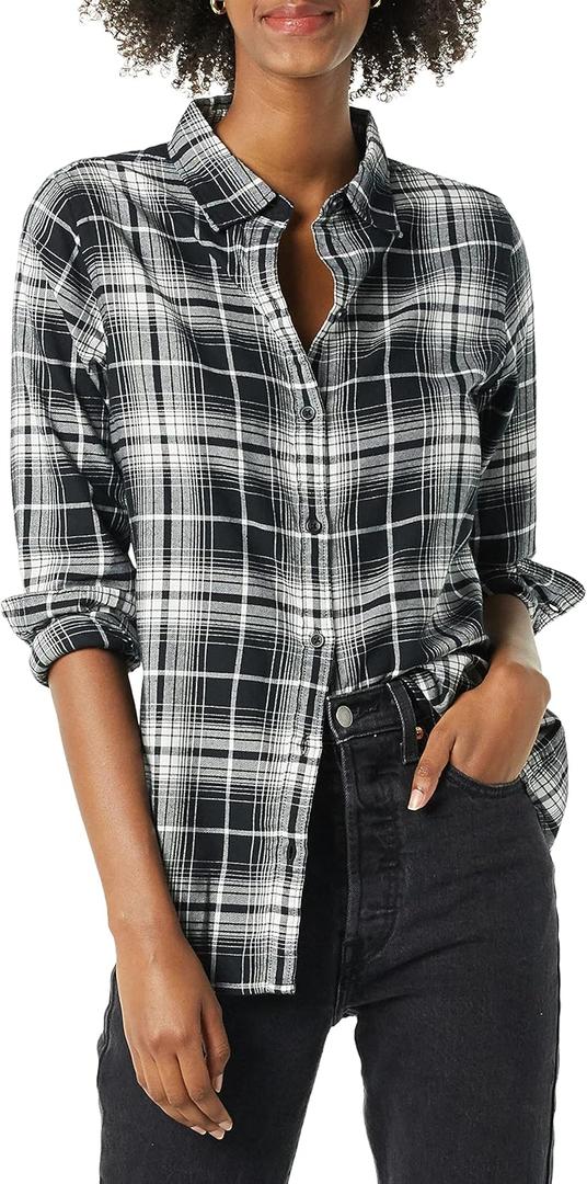 Amazon Essentials Womens Regular-Fit Long-Sleeve Lightweight Plaid Flannel Shirt (Medium, Black White Large Plaid)