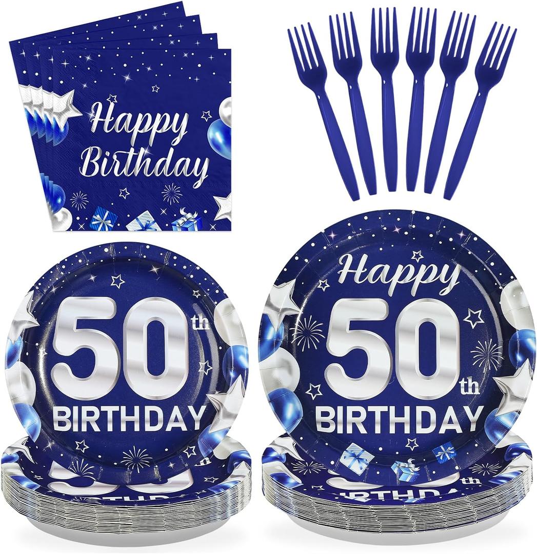 96Pcs 50th Birthday Party Decorations Happy Fathers Day Paper Plates and Napkins Disposable Blue Silver 50 Years Old Tableware Set for Men Women 50th Birthday Anniversary Party Supplies Serves 24