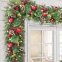 Pre-lit Christmas Garland 9FT with 100 Warm Lights, Battery Operated Xmas Garland with Pine Cedar Cones & Red Metal Ball, Christmas Decoration for Mantle Fireplace Stair Railing Porch (Berry Gold Mix)