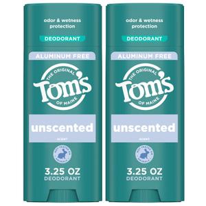 Tom's of Maine Unscented Aluminum Free Natural Deodorant For Women & Men | Goes on Clear | Odor & Wetness Protection | Naturally Derived and Moisture-Locking Ingredients | 3.25 oz (2 Pack)