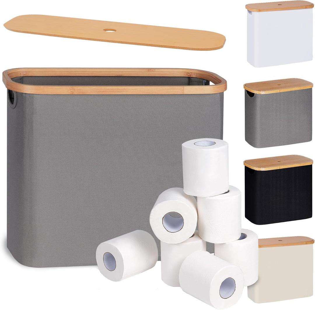 Toilet Paper Organizer with Lid, Free Standing Holder and Storage, Grey