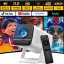 Mini Projector with WiFi 6 and Bluetooth 5.4 Built-in Apps Portable Projector Android 11 Auto Keystone 1080P 4K Support for Bedroom Outdoor Compatible with iOS/HDMI/TV Stick VisualCube 300