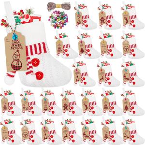Glimin 24 Set Mini White Christmas Stockings Set with Red White Striped Scarf and Buttons 6 Inch Faux Fur Xmas Hanging Stocking Bulk Small Plush Xmas Stocking with Christmas Kraft Gift Tags