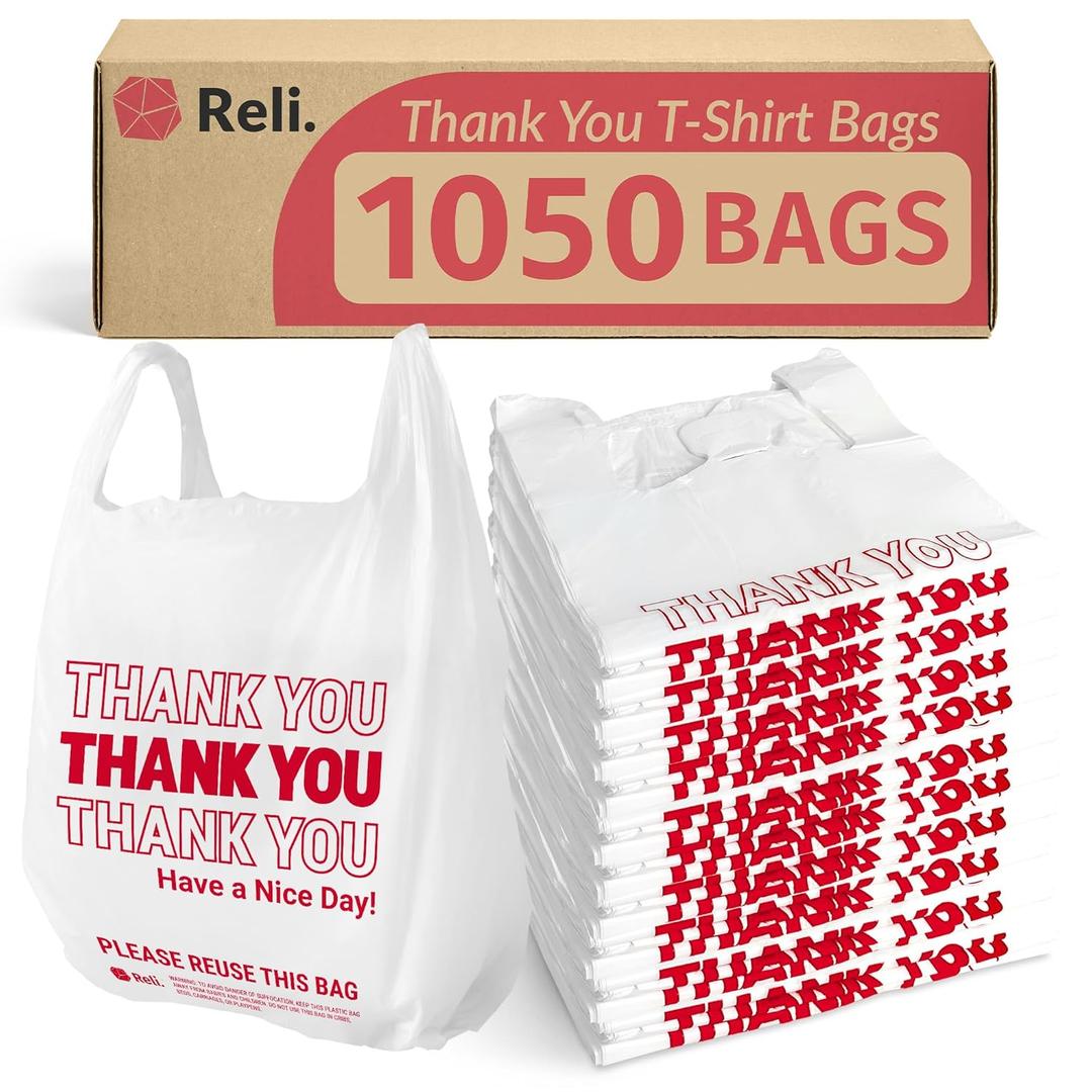 Reli. Plastic Bags Thank You (1050 Count) | White Grocery Bags with Handles | Shopping (Plastic), 1050 Bags of 11.5"x6.5"x21" Size