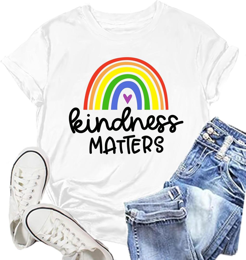 Be Kind Shirt for Women Kindness Matters T-Shirt Rainbow Heart Tee Tops (X-Large)