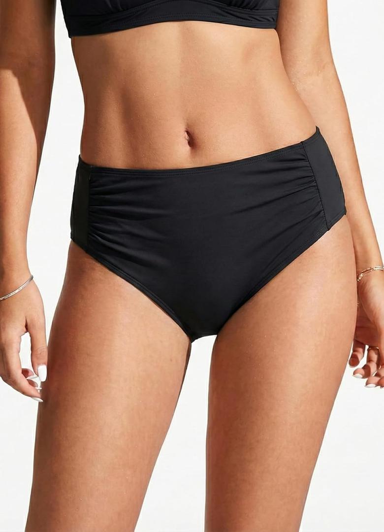 Women Full Coverage Bikini Bottoms - Mid Rise Bathing Suit Ruched Swim Bottom Swimsuit Swimwear (Small, Black)