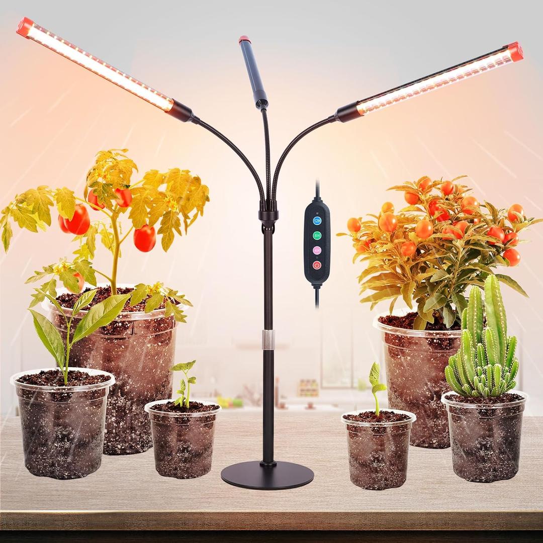 FRGROW 3Head Tabletop Grow Lights for Indoor Plants, Seed Starting, Vegetables, Bonsai, Bright Desk Plant Growing Lamps, 4/8/12/16/20H Timer, 27 Watt Power Draw, NO Need Adapter, 360 Gooseneck