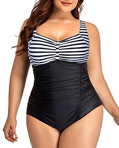Daci Women Plus Size One Piece Swimsuits - Tummy Control Retro Ruched Bathing Suits Vintage Swimwear Striped and Black Large 12W