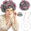 MEEZY Light Gray Curly Wig Old Lady Costume Set, Grandma Wig Granny Glasses Eyeglasses Chain Necklace Bracelet Earring Old Women Fun Costume Accessories for Halloween Cosplay
