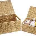 Set of 2 Wicker Basket with Lid, Rectangular Water Hyacinth Storage Baskets for Organizing, Decorative Woven Basket Bins Boxes for Organizing Home (14.2" x 9.4" x 7" + 12.2" x 7.8" x 6")