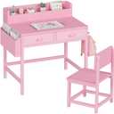 BOLUO Pink Kids Desk and Chair Set for 5-8 Year Old, Small Child Desk with Fabric Drawer, Children Study Table with Storage Toddler Girls Boys