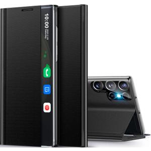 for Samsung Galaxy S23 Ultra 5G Case, Clear View Window Luxury Slim Mirror for S23 Ultra Case with Kickstand, Leather Hard PC Flip Protective Cover for Samsung S23 Ultra 5g Phone Case (Classic Black)