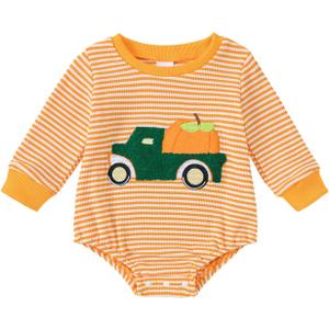 Noubeau Newborn Baby Boy Thanksgiving Bubble Romper Christmas Stripe Truck Bodysuit Pullover Playsuit Holiday Clothes (Orange)