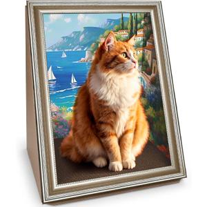 Cat Scratcher Pad with Oil Painting, Furniture Saver Scratching Board, Cardboard Cat Scratcher House with Frame, Large Scratching Pad & Scratcher Bed, Cat Cardboard Scratcher for Indoor Cats