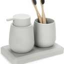 Bathroom Accessories Set, Modern 3 Pcs Bathroom Essentials - Soap Dispenser, Toothbrush Holder & Tray, Countertop Vanity Organizer (Beige)