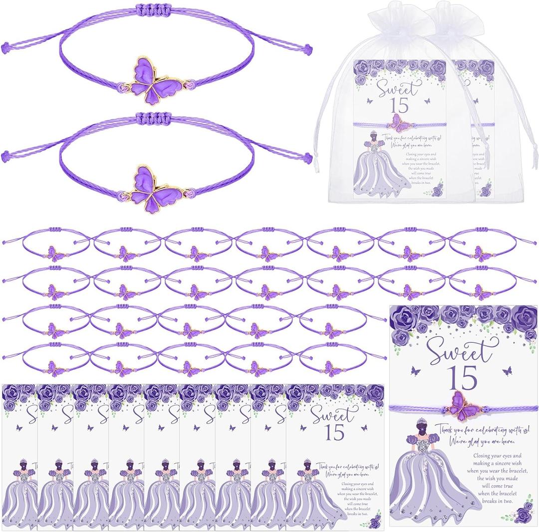 Wenqik 50 Sets Quinceanera Party Favors for Guests Butterfly Wish Bracelet with Thank You Cards Organza Gift Bags Quinceanera Gift for Sweet 15 Year Birthday Supply Recuerdos De Quinceaera (Purple)
