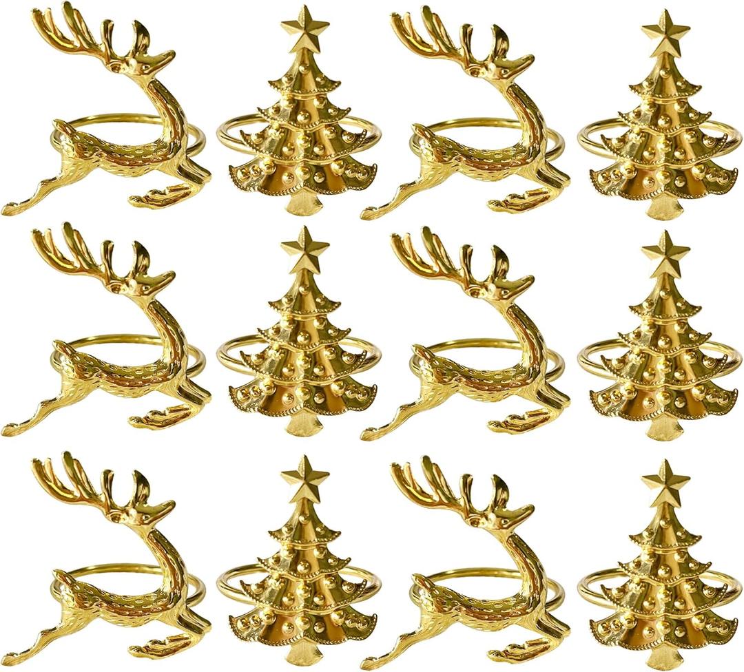 Christmas Gold Napkin Rings Set of 12 - Deer and Tree Design Holiday Napkin Holders for Festive Table Decor