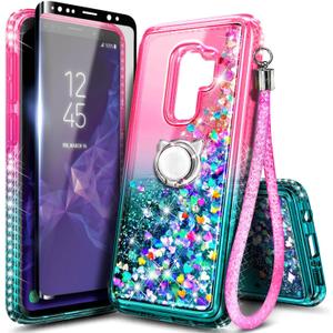 Compatible with Samsung Galaxy S9 Plus Phone Case Pink/Aqua | Sparkle Glitter Floating Liquid Cute Cover with Screen Protector (Maximum Coverage) & Ring Holder & Wrist Strap