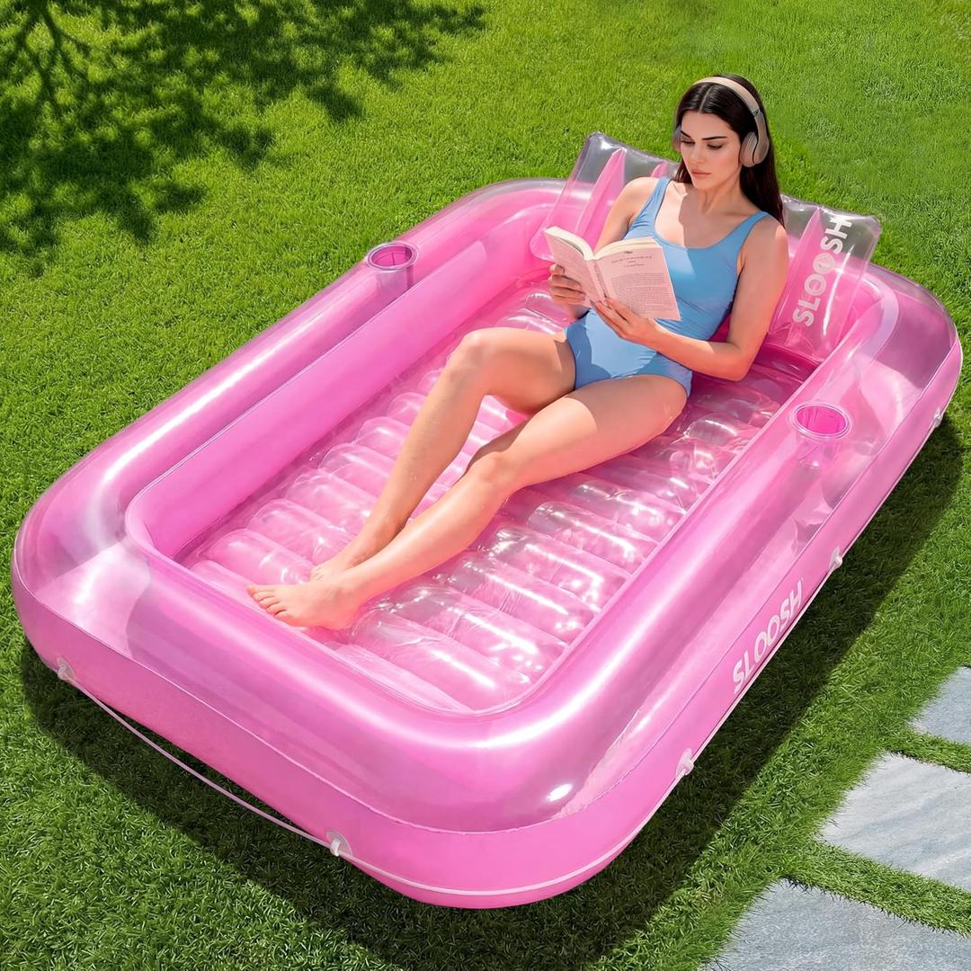 SLOOSH Inflatable Tanning Pool Lounger Float, 70" x 46" Pool Floats Adult with Pillow, 4 in 1 Suntan Tub Raft Floatie, Sunbathing Bed Lounge for Water Blow Up Kids Ball Pit Party Gifts, L-Pink