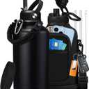 64 oz Insulated Water Bottle with Straw & Auto Spout Lids, Paracord Handle, Half Gallon Waterbottle Strap Carrier & Protective Boot, Wide Mouth Metal Canteen Thermo Mug, Leak-proof Sports Black Jug