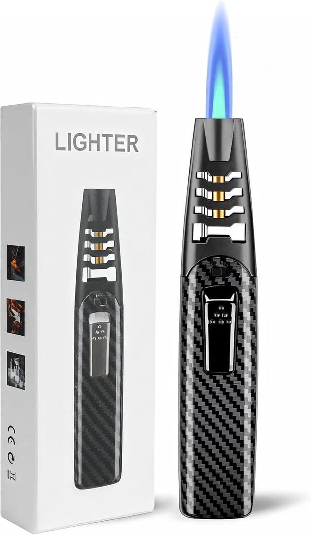 Torch Lighter, Butane Lighter, Windproof Adjustable Big Jet Flame Butane Torch, Refillable Gas Long Torch Lighter with Safety Lock for Candle Grill Camping BBQ Kitchen Soldering, Gas Not Included