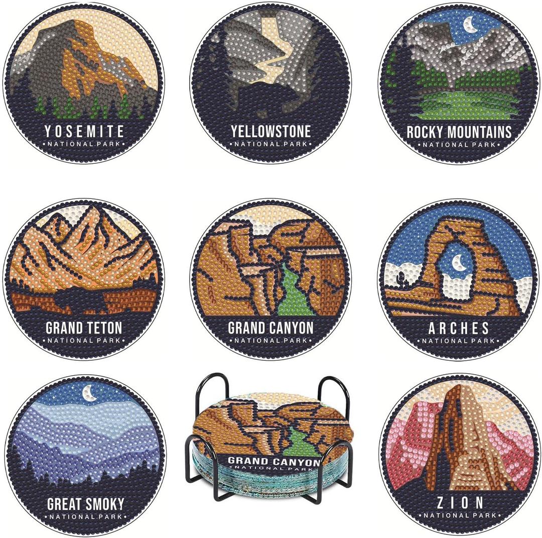 Baipisan 8 PCS National Park Diamond Art Coasters Kits, Diamond Painting Coasters with Holder Set of 8, DIY Drink Art Crafts Supplies for Adults Cup Mat House Warming Gifts Non-Slip 3.9inch
