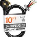 10 ft 4 Prong Dryer Cord, 30Amp 10 Gauge Dryer Power Cord Replacement, Pure Copper 4-Wire Dryer Cord with NEMA 14-30P Plug and O-Ring Terminals, 250V 7500W, ETL Listed, Black STW