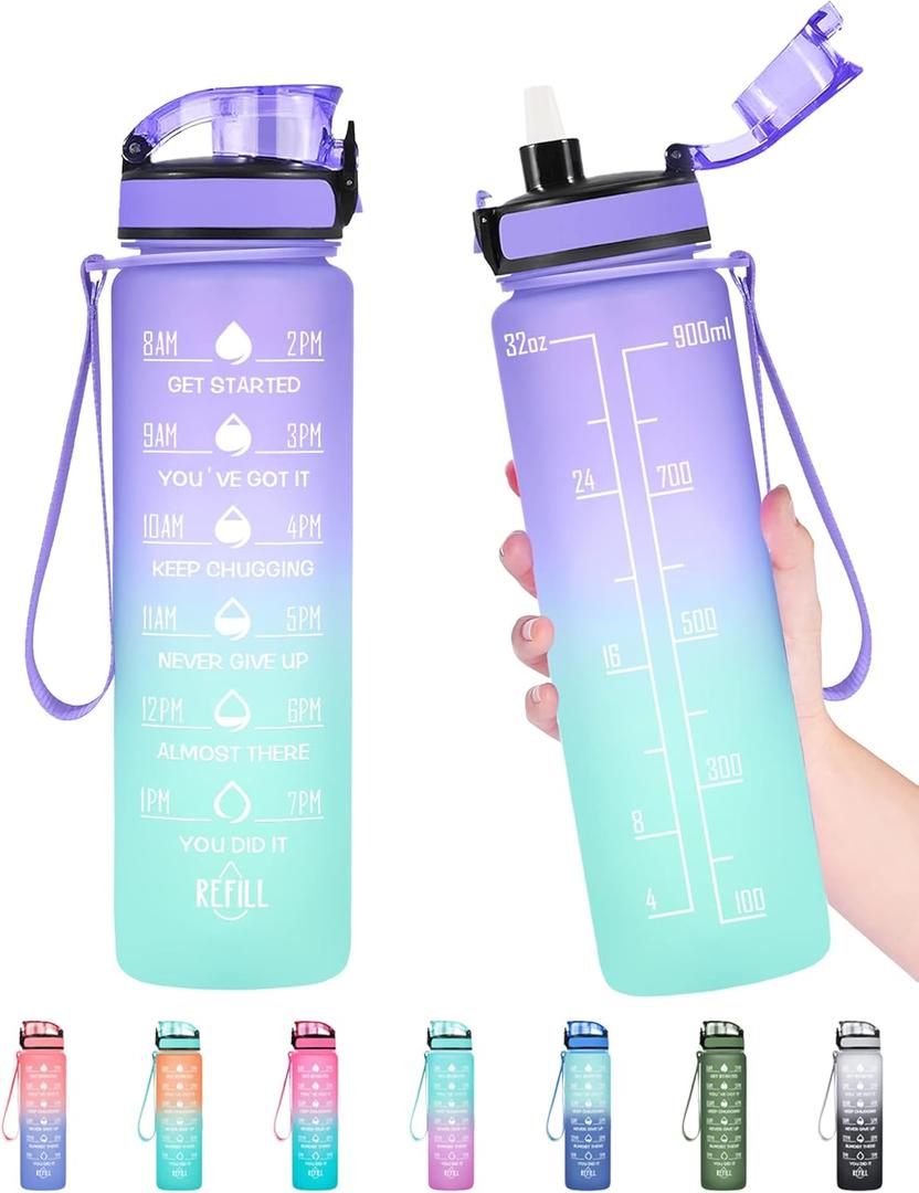Enerbone Water Bottle, Leakproof BPA & Toxic Free, Motivational Water Bottle with Times to Drink and Straw, Fitness Sports Water Bottle with Strap for Office, Gym, Outdoor Sports (32 Ounces, Light Purple Green)