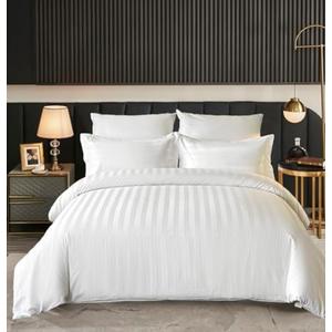 Amolavet Hotel Bedding Duvet Cover King Size Cotton White Satin Striped Textured with Zipper - Duvet Cover King 3 Pcs Set 104x90 - Comforter Cover/Quilt Cover King Size
