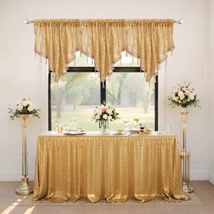 WUBODTI Gold Beaded Curtain Valances for Windows 3 PCS, Boho Glitter Triangle Sequin Tassels Kitchen Window Valances Holiday Decor Swag Curtain for Living Room, Wedding & Party, Each W51 x L22