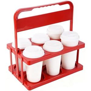 Bodaon 6 Cup Drink Carrier with Handle, Plastic Cup Carriers for Drinks, Drink Holder for Car, Take Out Delivery Drivers, Accessories, Portable Foldable Reusable Mobile, Use for Food Delivery Bag, Red