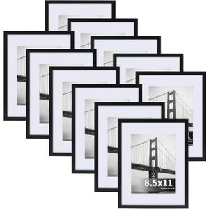 CRUGLA 8.5x11 Picture Frames Set of 11, Display Pictures 6x8 with Mat or 8.5 by 11 without Mat, Certificate Diploma Photo Wall or Tabletop Display, Black